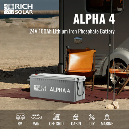 RICH SOLAR - ALPHA 4 | 24V 100Ah LiFePO4 Battery | Powerful 24V Lithium Battery for RVs, Trailers, Vans, Boats, Off-Grid | 5,000 Lifetime Cycles | Bluetooth and Internal Heat Technology